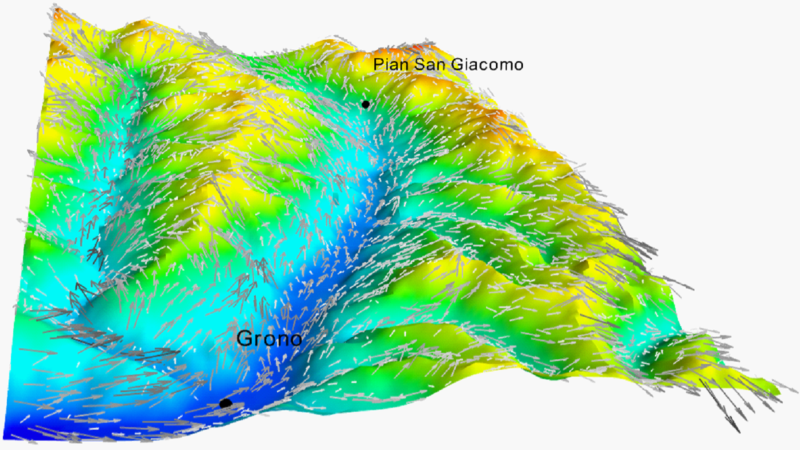 <p>champ de vent en surface simulé avec le modèle LES MesoNH pour une vallée étroite (Bellinzona ; suisse)</p>